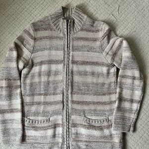 LL Bean Women’s Medium 100% Cotton Zip Up Sweater Neutral Striped Cozy Knit